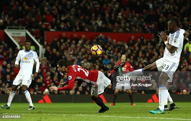 Henrikh Mkhitaryan of Manchester United scores his team's third goal during the Premier League match between Manchester United and Sunderland at Old...