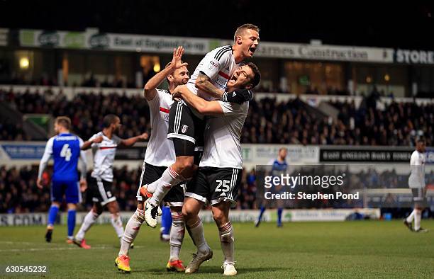 Ragnar Sigurdsson of Fulham celebrates scoring his sides second goal during the Sky Bet Championship match between Ipswich Town and Fulham at Portman...