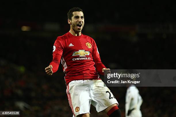 Henrikh Mkhitaryan of Manchester United celebrates after scoring his team's third goal during the Premier League match between Manchester United and...