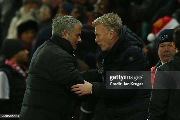 David Moyes, Manager of Sunderland and Jose Mourinho, Manager of Manchester United shake hands following the Premier League match between Manchester...