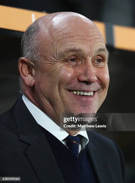 Mike Phelan, Manager of Hull City laughs during the Premier League match between Hull City and Manchester City at KCOM Stadium on December 26, 2016...