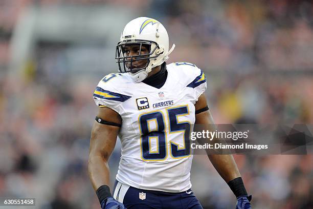 Tight end Antonio Gates of the San Diego Chargers walks to his position during a game against the Cleveland Browns on December 24, 2016 at...