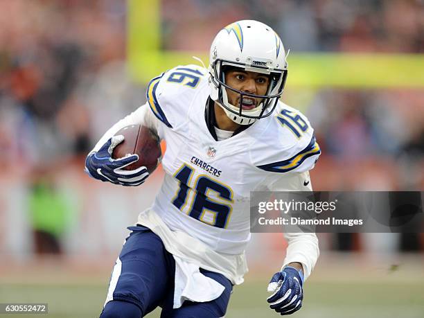 Wide receiver Tyrell Williams of the San Diego Chargers carries the ball downfield during a game against the Cleveland Browns on December 24, 2016 at...