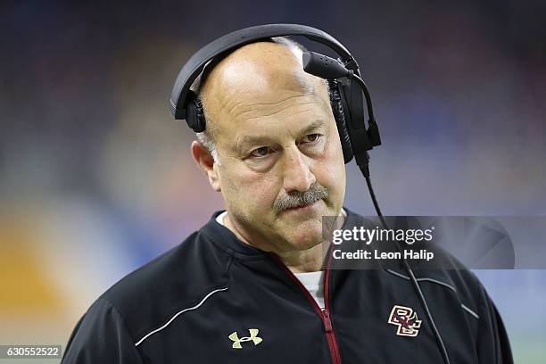 Boston College Eagles head football coach Steve Addazio watches the action during the second quarter of the game against the Maryland Terrapins at...