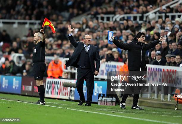 Newcastle United manager Rafael Benitez and first team coach Mikel Antia gesture on the touchline during the Sky Bet Championship match at St James'...