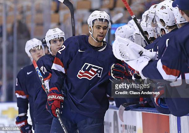 Jordan Greenway of Team USA celebrates a goal against Team Latvia during a 2017 IIHF World Junior Hockey Championship game at the Air Canada Centre...