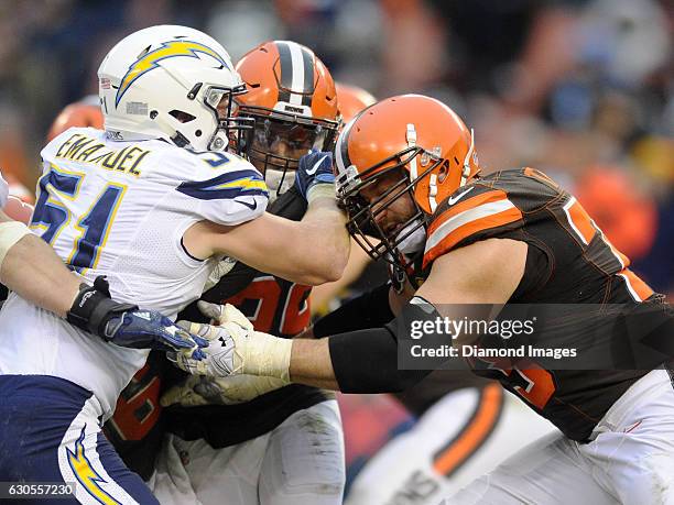 Left tackle Joe Thomas of the Cleveland Browns engages with linebacker Kyle Emanuel of the San Diego Chargers during a game on December 24, 2016 at...