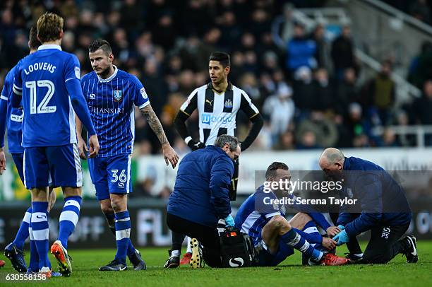 Steven Fletcher of Sheffield Wednesday receives treatment on the pitch during the Sky Bet Championship match between Newcastle United and Sheffield...