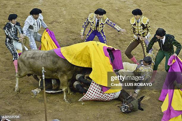 Peruvian bullfighter Andres Roca Rey and Spanish bullfighter David Fandila "El Fandi" help Colombian picador Rafael Torres, after he was thrown from...