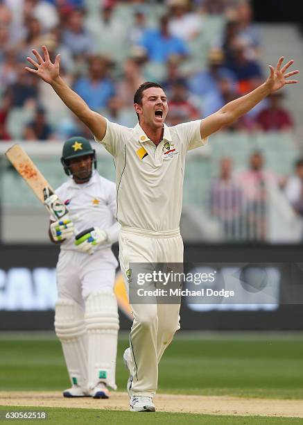 Josh Hazelwood of Australia appeals unsuccessfully against Asad Shafiq of Pakistan during day two of the Second Test match between Australia and...