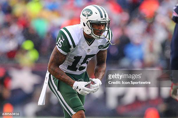 New York Jets wide receiver Brandon Marshall during the National Football League game between the New England Patriots and the New York Jets on...