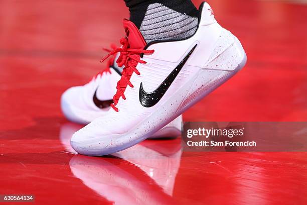 DeMar DeRozan of the Toronto Raptors showcases his Kobe sneakers against the Portland Trail Blazers during the game on December 26, 2016 at the Moda...