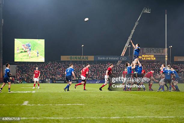 Mike McCarthy of Leinster tries to catch the ball during the Guinness PRO12 Round 11 match between Munster Rugby and Leinster Rugby at Thomond Park...