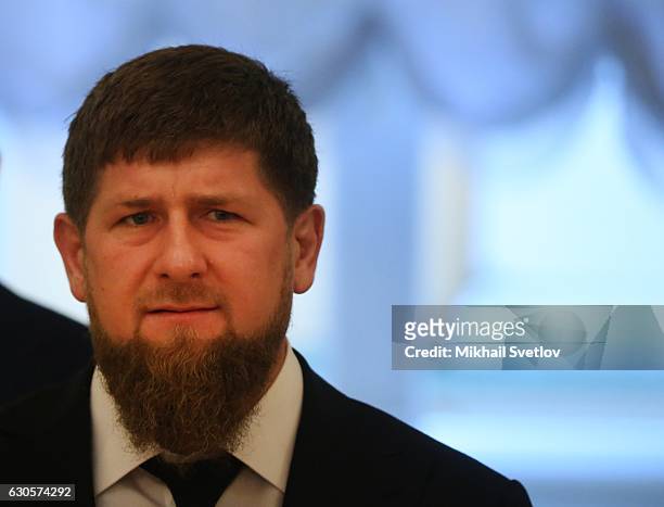 Chechen President Ramzan Kadyrov arrives in the Hall of the Order of St. George during the State Council on ecology meeting on December 2016 in...
