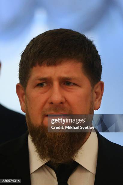 Chechen President Ramzan Kadyrov arrives in the Hall of the Order of St. George during the State Council on ecology meeting on December 2016 in...
