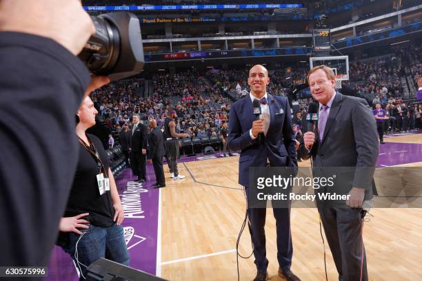 Former NBA player Doug Christie and Sacramento Kings broadcaster Grant Napear prior to the game against the Portland Trail Blazers on December 20,...