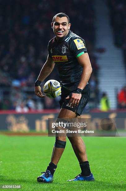 Joe Marchant of Harlequins celebrates scoring the opening try during the Aviva Premiership Big Game 9 match between Harlequins and Gloucester Rugby...