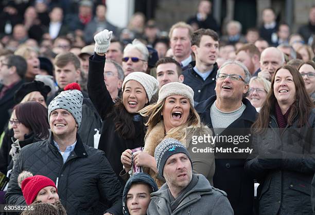 Racegoers react during the second race during the 2016 Coral Welsh Grand National at Chepstow Racecourse on December 27, 2016 in Chepstow, Wales....