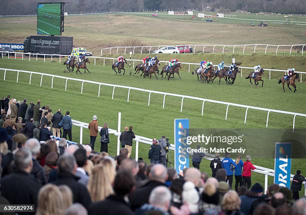 Racegoers watch a race during the 2016 Coral Welsh Grand National at Chepstow Racecourse on December 27, 2016 in Chepstow, Wales. Traditionally, the...