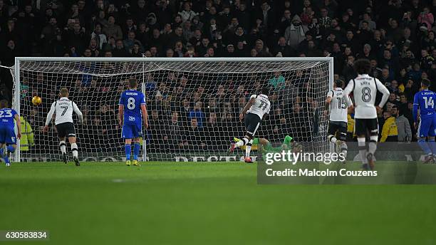 Darren Bent of Derby County converts the winning penalty kick past Tomasz Kuszczak of Birmingham City during the Sky Bet Championship match between...