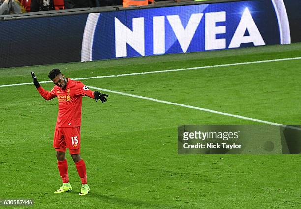 Daniel Sturridge of Liveprool scores the fourth goal for his team and Celebrates during the Premier League match between Liverpool and Stoke City at...