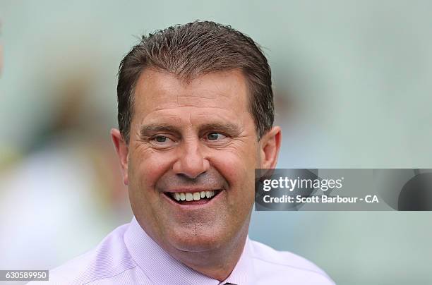 Channel 9 commentator Mark Taylor looks on during day three of the Second Test match between Australia and Pakistan at Melbourne Cricket Ground on...