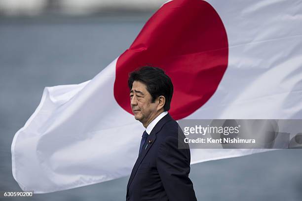 Japanese Prime Minister Shinzo Abe at Joint Base Pearl Harbor Hickam's Kilo Pier on December 27, 2016 in Honolulu, Hawaii. Abe is the first Japanese...