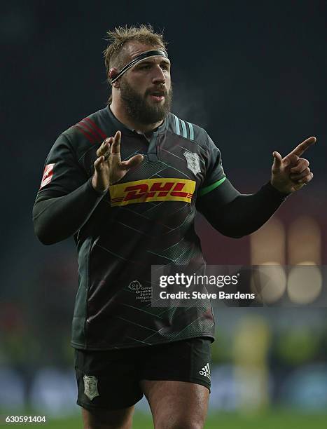 Joe Marler of Harlequins during the Aviva Premiership match between Harlequins and Gloucester Rugby at Twickenham Stadium on December 27, 2016 in...