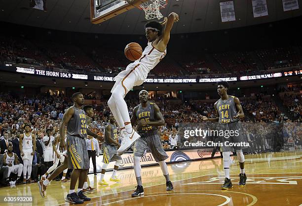 Jarrett Allen of the Texas Longhorns slam dunks against the Kent State Golden Flashes at the Frank Erwin Center on December 27, 2016 in Austin, Texas.