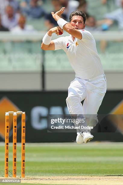 Yasir Shah of India bowls out Matthew Renshaw of Australia with this delivery during day three of the Second Test match between Australia and...