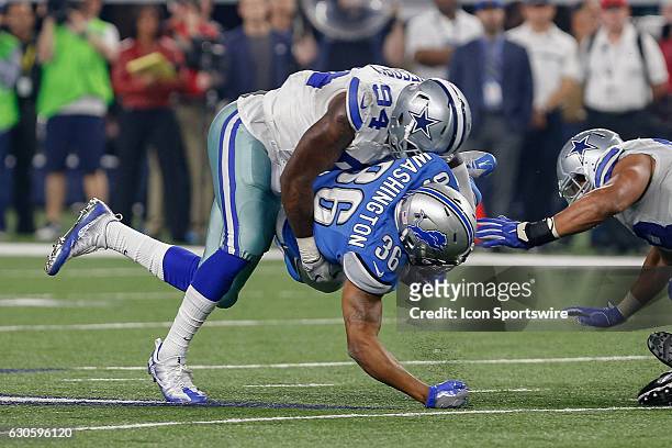 Dallas Cowboys Defensive End Randy Gregory hits Detroit Lions Running Back Dwayne Washington in the backfield for a loss during the Monday Night...