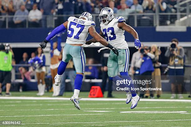 Dallas Cowboys Defensive End Benson Mayowa celebrates his sack with Linebacker Damien Wilson during the Monday Night Football game between the...