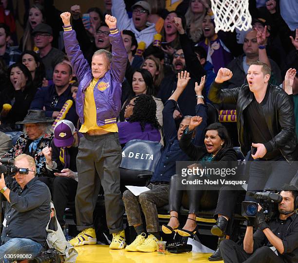 Josh Klinghoffer, Flea, Avu Chokalingam and Mindy Kaling attend a basketball game between the Utah Jazz and the Los Angeles Lakers at Staples Center...