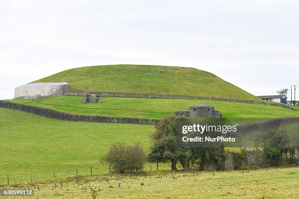 View of Newgrange's elevation, a prehistoric monument in County Meath. On Monday, 26 December 2016, in Newgrange, County Meath, Ireland.