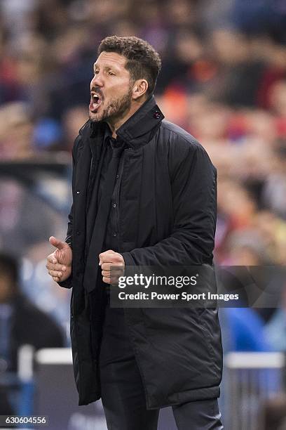 Coach Diego Simeone of Atletico de Madrid reacts during their 2016-17 UEFA Champions League match between Atletico Madrid and FC Rostov at the...