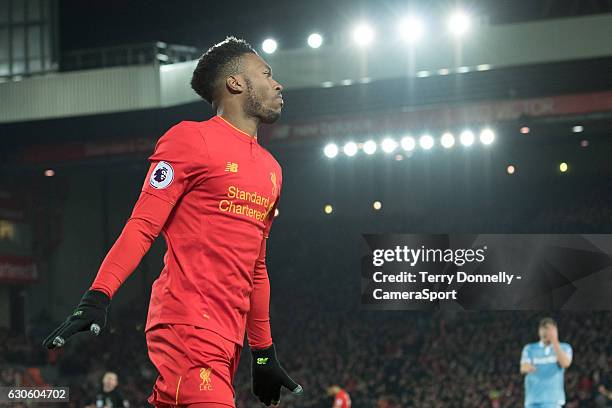 Liverpool's Daniel Sturridge celebrates scoring his sides fourth goal during the Premier League match between Liverpool and Stoke City at Anfield on...