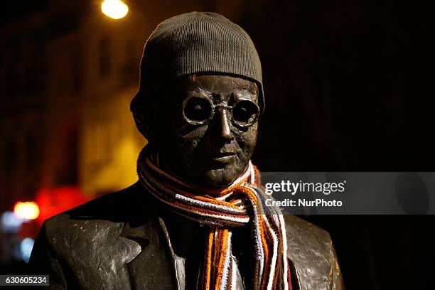 Sculpture of famous Enigma code breaker Marian Rejewski is seen dressed with a hat and scarf inside the old city Bydgoszcz, Poland, on December 27,...