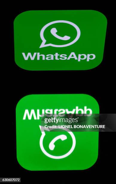 Picture taken on December 28, 2016 in Paris shows the logo of WhatsApp mobile messaging service.