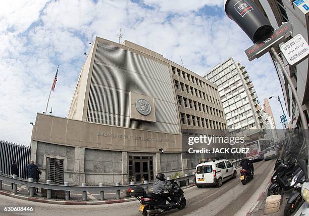 Picture taken on December 28, 2016 shows the US Embassy building in the Israeli coastal city of Tel Aviv. / AFP / JACK GUEZ