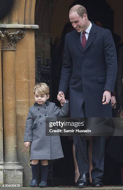 Prince William, Duke of Cambridge and Prince George of Cambridge attend Church on Christmas Day on December 25, 2016 in Bucklebury, Berkshire.