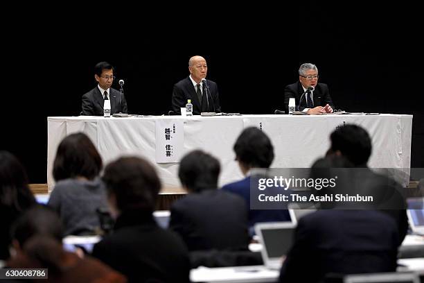 Dentsu Inc. President Tadashi Ishii attends a press conference at the company headquarters on December 28, 2016 in Tokyo, Japan. Labour authorities...