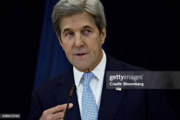 John Kerry, U.S. Secretary of State, delivers remarks at the Department of State in Washington, D.C., U.S., on Wednesday, Dec. 28, 2016. Kerry is...