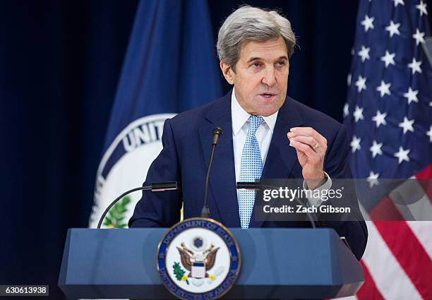 Secretary of State John Kerry delivers a speech on Middle East peace at The U.S. Department of State on December 28, 2016 in Washington, D.C.