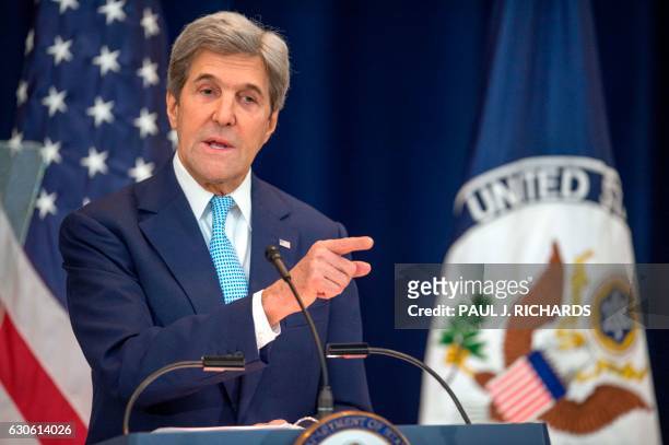 Secretary of State John Kerry lays out his vision for peace between Israel and the Palestinians December 28 in the Dean Acheson Auditorium at the...