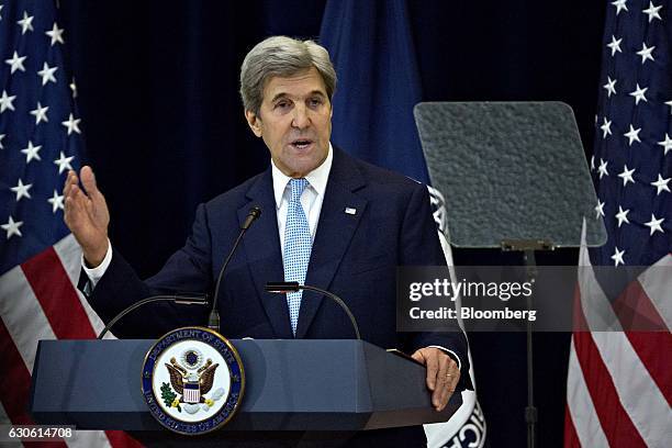 John Kerry, U.S. Secretary of State, delivers remarks at the Department of State in Washington, D.C., U.S., on Wednesday, Dec. 28, 2016. Kerry is...