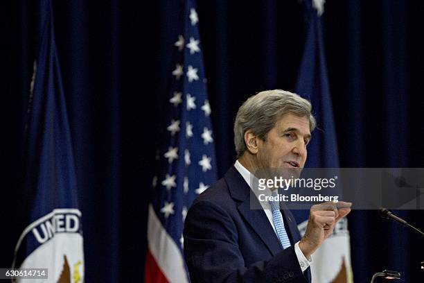 John Kerry, U.S. Secretary of State, delivers remarks at the Department of State in Washington, D.C., U.S., on Wednesday, Dec. 28, 2016. Kerry is...