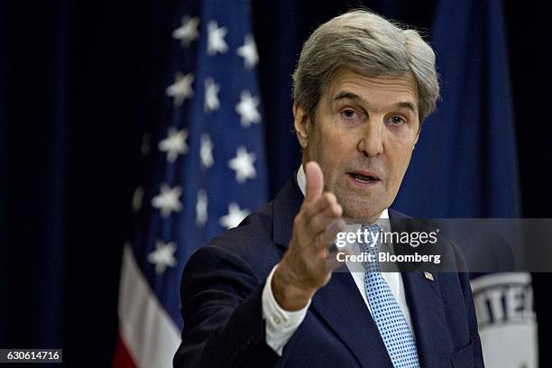 John Kerry, U.S. Secretary of State, delivers remarks at the Department of State in Washington, D.C., U.S., on Wednesday, Dec. 28, 2016. Kerry is...