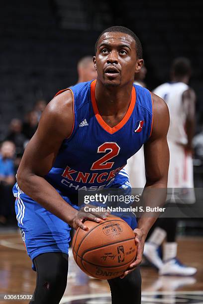 Doron Lamb of the Westchester Knicks shoots a foul shot during an NBA D-League game against the Long Island Nets on December 22, 2016 at Barclays...