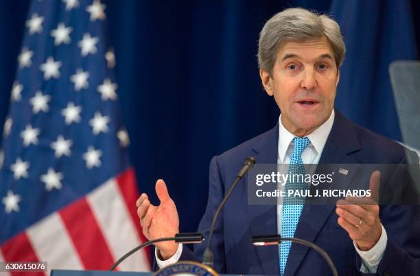 Secretary of State John Kerry lays out his vision for peace between Israel and the Palestinians December 28 in the Dean Acheson Auditorium at the...