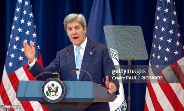 Secretary of State John Kerry lays out his vision for peace between Israel and the Palestinians December 28 in the Dean Acheson Auditorium at the...